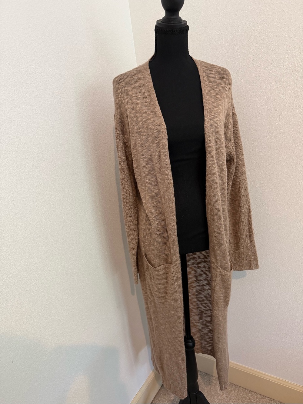 Love Tree Long Open-Front Cardigan in Taupe Brown